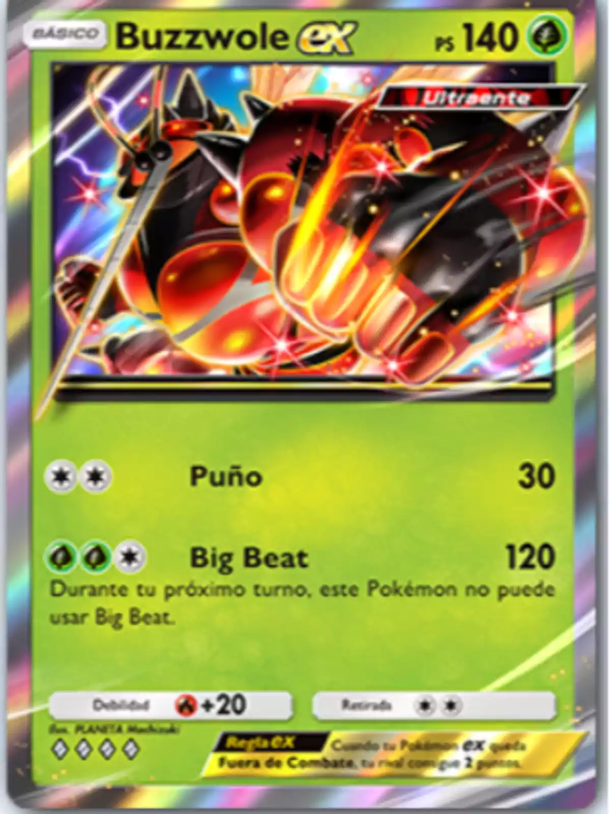Pokémon Buzzwole EX card with a shiny background and vibrant details showing the Pokémon in an attack pose Pokémon Buzzwole EX card with a shiny background and vibrant details showing the Pokémon in an attack pose