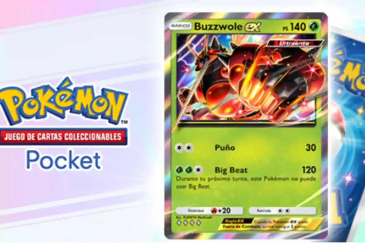 Buzzwole EX card from the Pokémon Trading Card Game with a colorful background and the Pokémon Pocket logo on the left