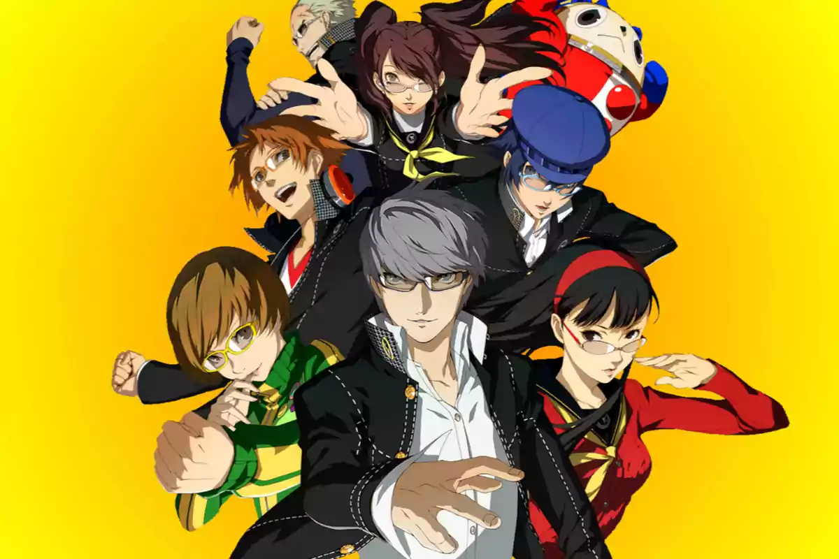 Grupo de personajes de anime con diferentes poses y expresiones sobre un fondo amarillo Grupo de personajes de anime con diferentes poses y expresiones sobre un fondo amarillo