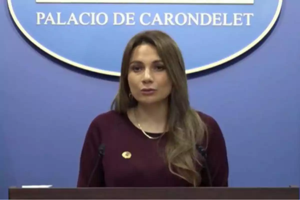 Mujer de cabello largo y castaño hablando frente a un podio con un fondo azul que tiene el texto Palacio de Carondelet