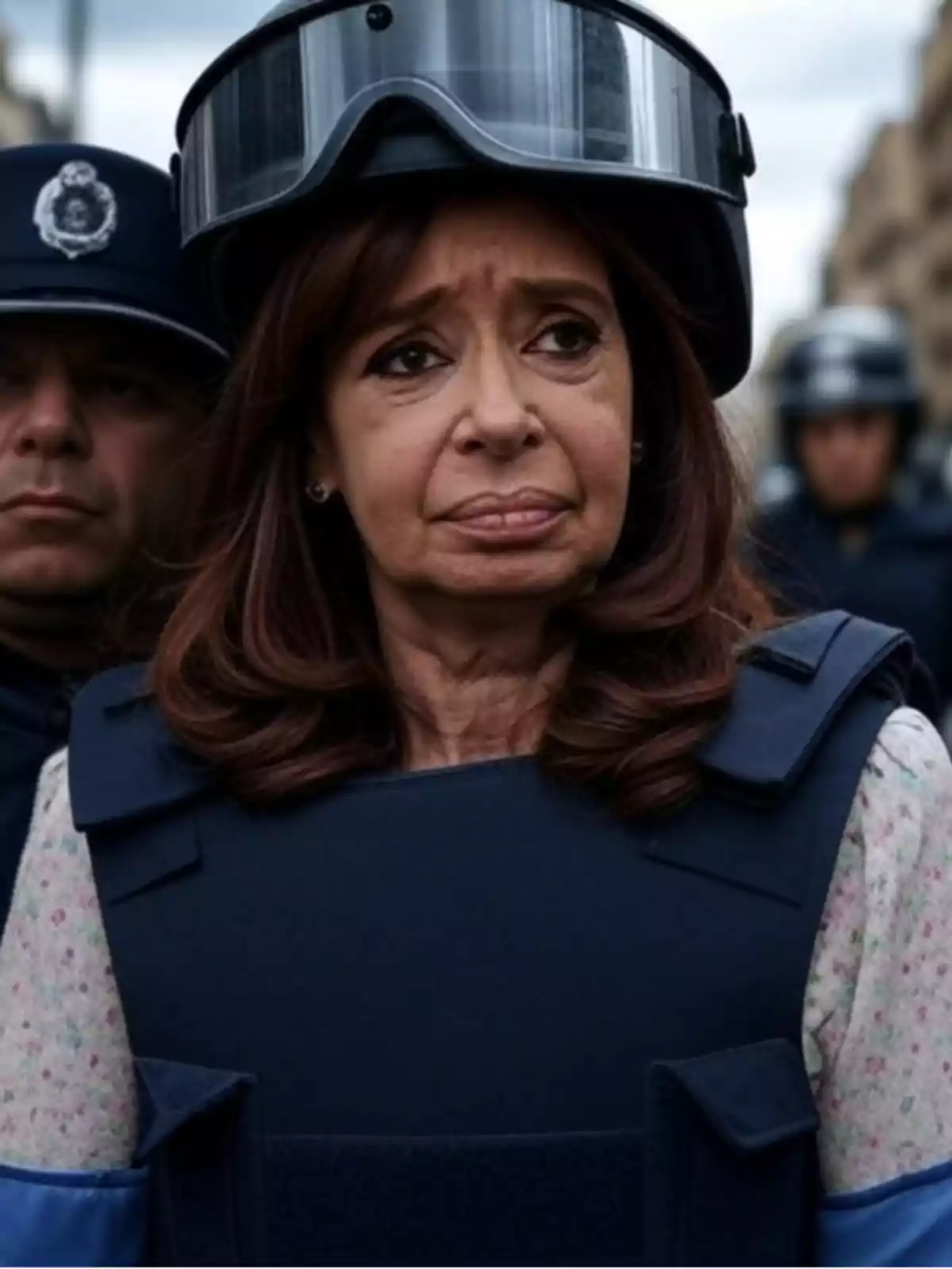 Mujer con chaleco antibalas y casco de protección rodeada de policías en un entorno urbano Mujer con chaleco antibalas y casco de protección rodeada de policías en un entorno urbano