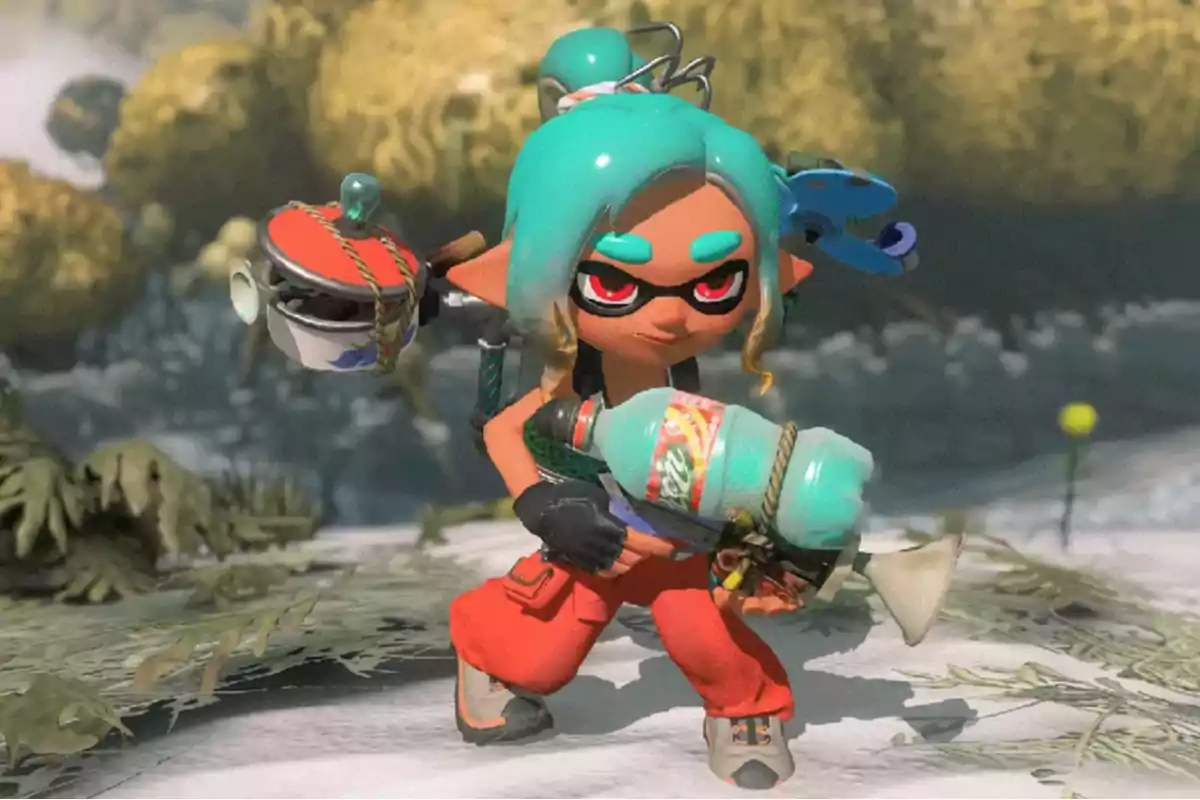 Personaje de videojuego con cabello turquesa y pantalones rojos sosteniendo un arma improvisada en un entorno natural Personaje de videojuego con cabello turquesa y pantalones rojos sosteniendo un arma improvisada en un entorno natural