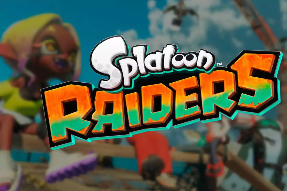 Logo de Splatoon Raiders en letras grandes y coloridas con un fondo desenfocado de personajes estilo caricatura