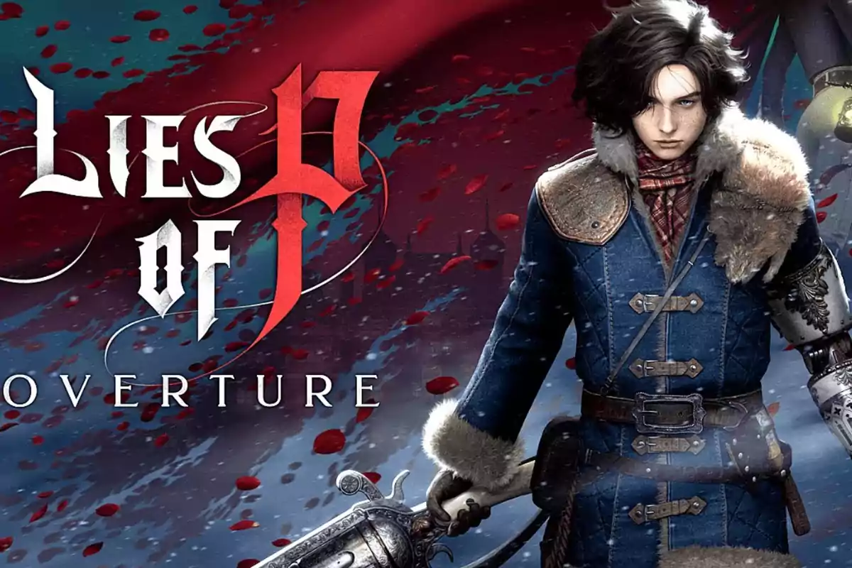 Portada del videojuego Lies of P mostrando al protagonista con un abrigo azul y fondo oscuro con pétalos rojos y letras estilizadas Portada del videojuego Lies of P mostrando al protagonista con un abrigo azul y fondo oscuro con pétalos rojos y letras estilizadas