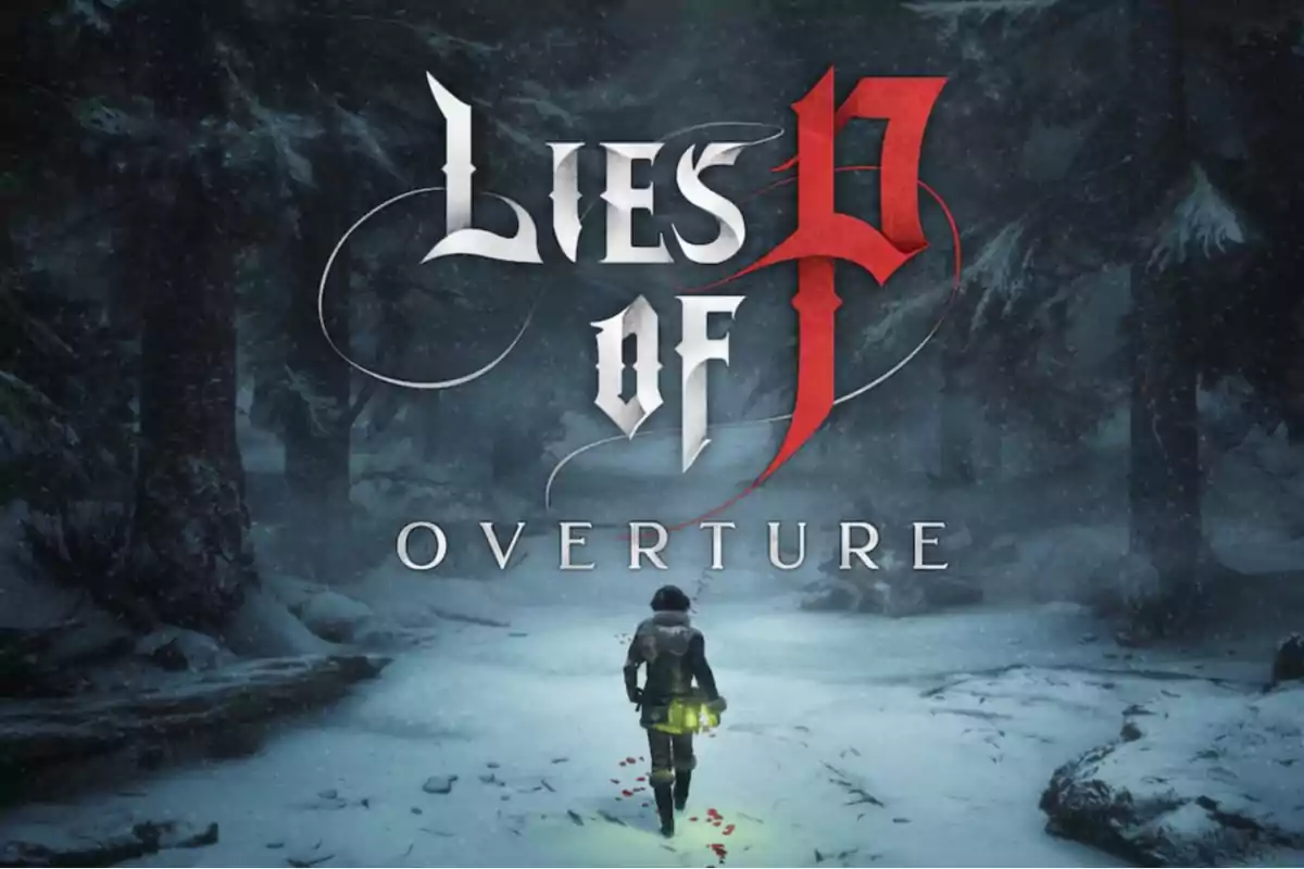 Portada del videojuego Lies of P Overture con un personaje caminando en un bosque nevado y huellas de sangre en el suelo