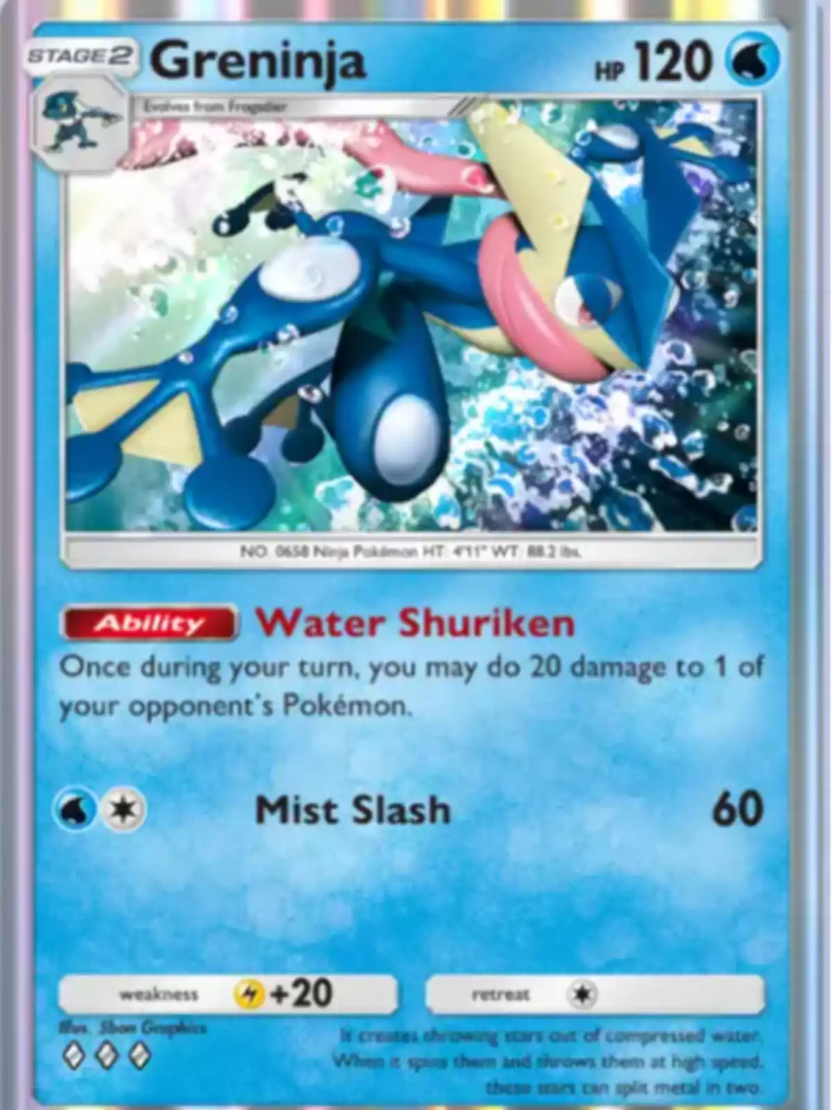 Carta de Pokémon de Greninja con fondo acuático, puntos de vida 120, habilidad Water Shuriken y ataque Mist Slash de 60 puntos de daño Carta de Pokémon de Greninja con fondo acuático, puntos de vida 120, habilidad Water Shuriken y ataque Mist Slash de 60 puntos de daño