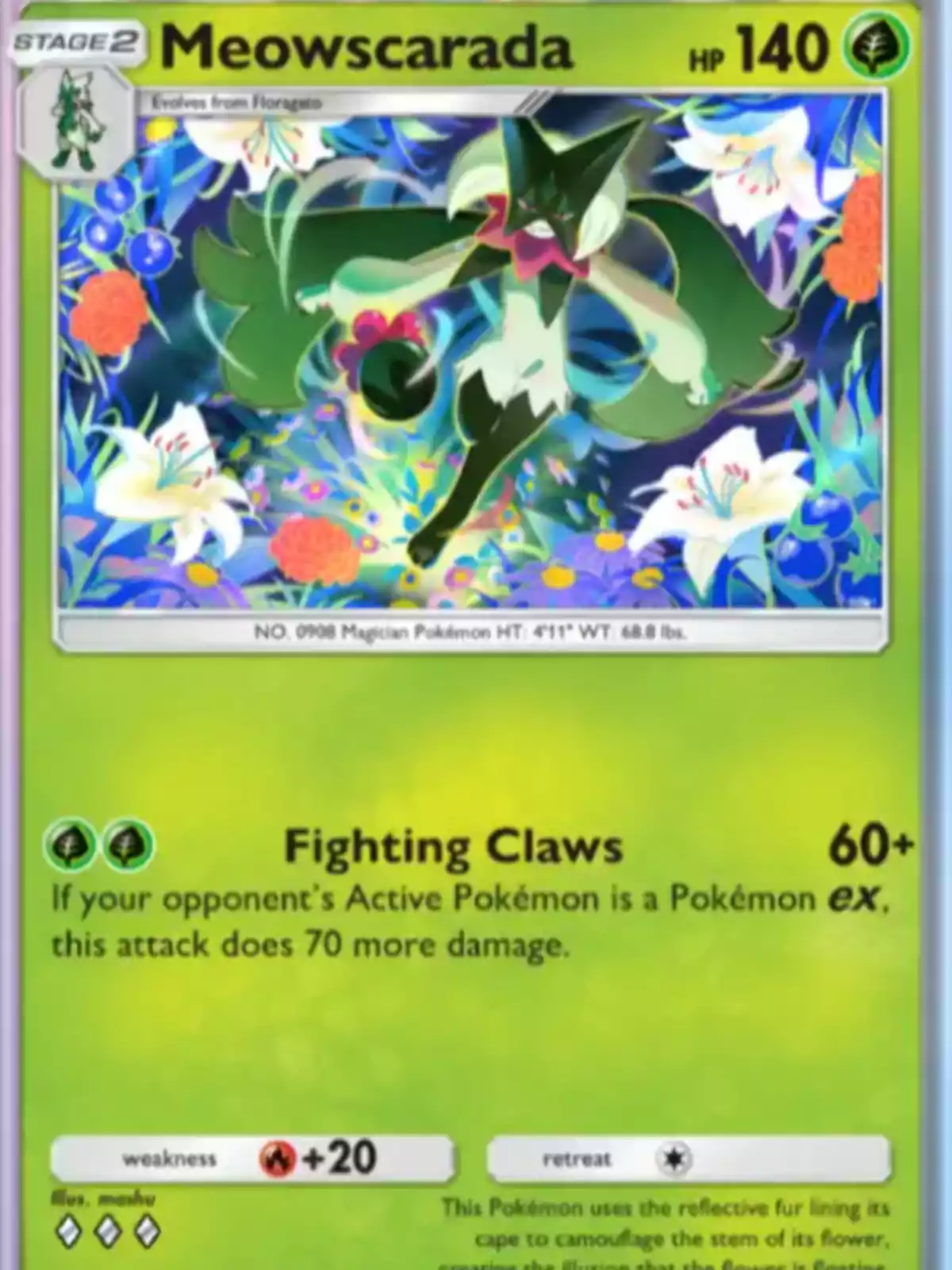 Carta de Pokémon Meowscarada con fondo colorido de flores y detalles verdes, mostrando al Pokémon en una pose dinámica y resaltando su ataque Fighting Claws Carta de Pokémon Meowscarada con fondo colorido de flores y detalles verdes, mostrando al Pokémon en una pose dinámica y resaltando su ataque Fighting Claws