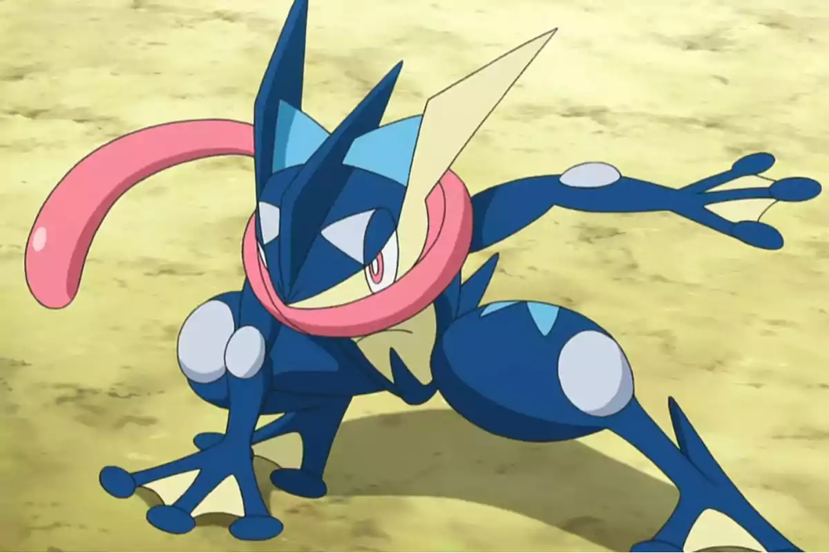 Un Pokémon azul con forma de rana en posición de combate sobre un suelo arenoso