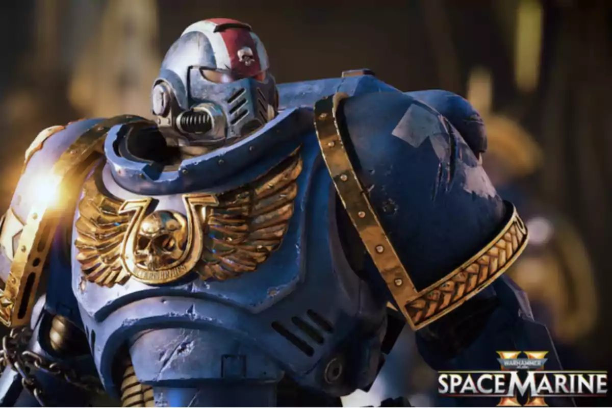 Futuristic soldier with blue armor and gold details from the video game Space Marine 2 Futuristic soldier with blue armor and gold details from the video game Space Marine 2