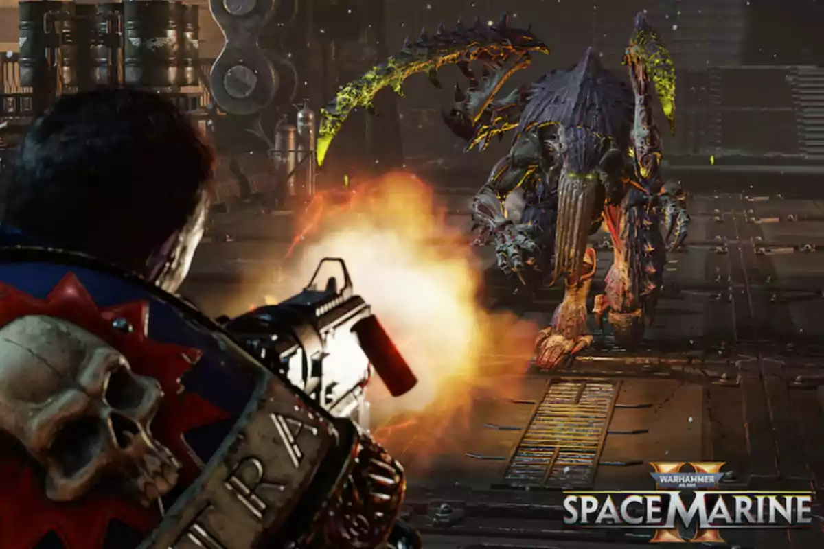 A futuristic soldier fires a heavy weapon at an alien creature in an industrial setting with the Warhammer Space Marine logo in the bottom right corner.