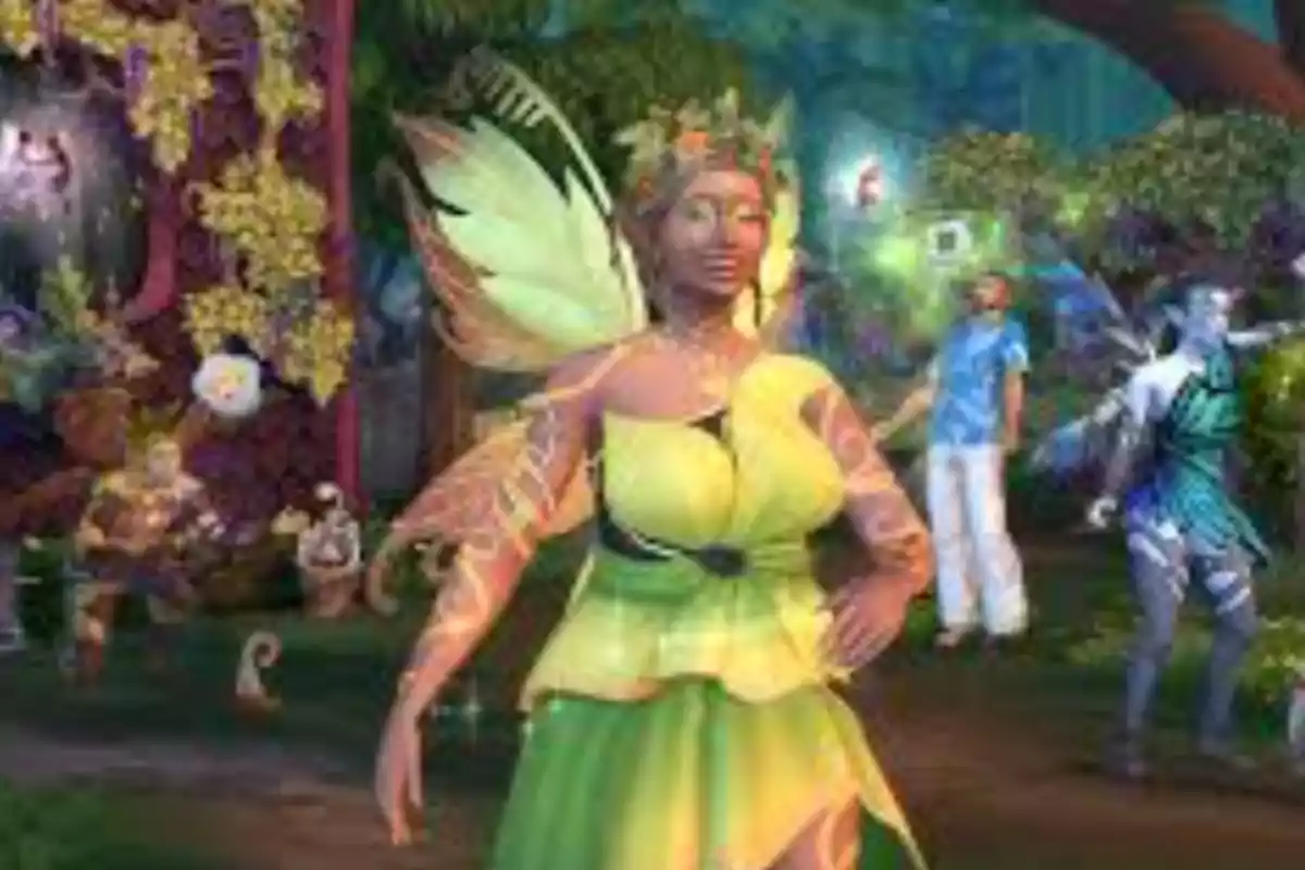 Una mujer con alas de hada y vestido verde camina en un bosque mágico rodeada de otras criaturas fantásticas y vegetación colorida Una mujer con alas de hada y vestido verde camina en un bosque mágico rodeada de otras criaturas fantásticas y vegetación colorida