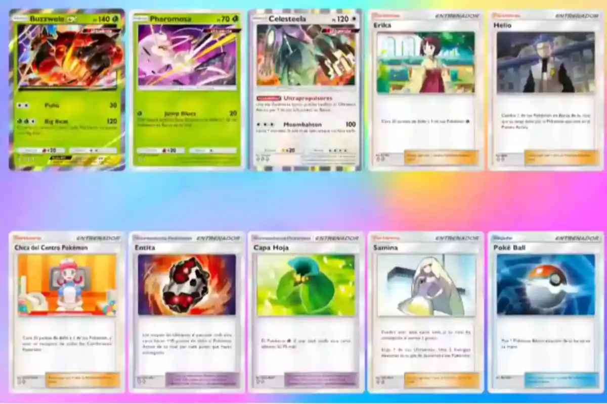 Cartas de Pokémon en español organizadas en dos filas sobre un fondo degradado de colores, incluyendo cartas de Pokémon y de entrenador Cartas de Pokémon en español organizadas en dos filas sobre un fondo degradado de colores, incluyendo cartas de Pokémon y de entrenador