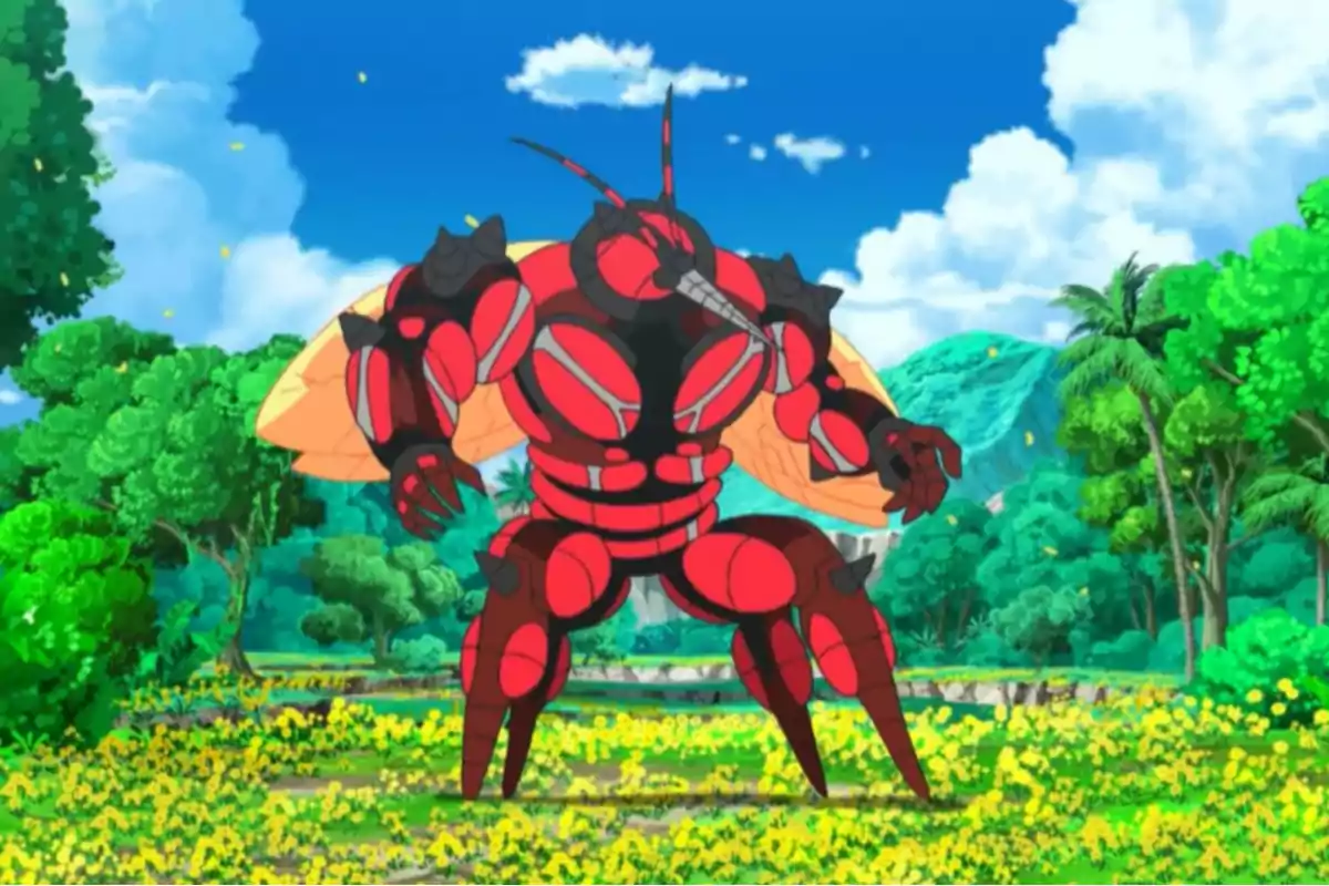 Un Pokémon de cuerpo musculoso y colores rojo y negro con alas de insecto se encuentra en un campo lleno de flores amarillas rodeado de árboles y montañas bajo un cielo azul con nubes. Un Pokémon de cuerpo musculoso y colores rojo y negro con alas de insecto se encuentra en un campo lleno de flores amarillas rodeado de árboles y montañas bajo un cielo azul con nubes.