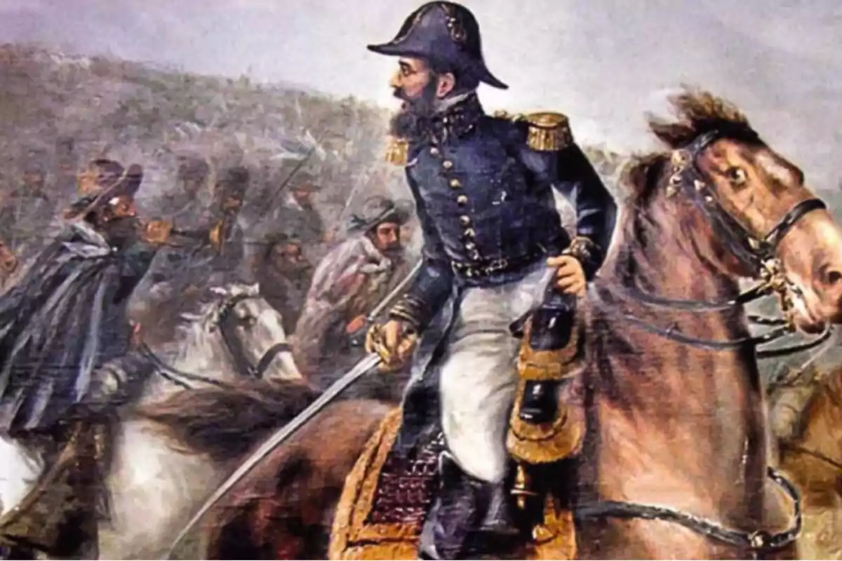 Pintura de un general montado a caballo liderando a sus tropas en una batalla histórica