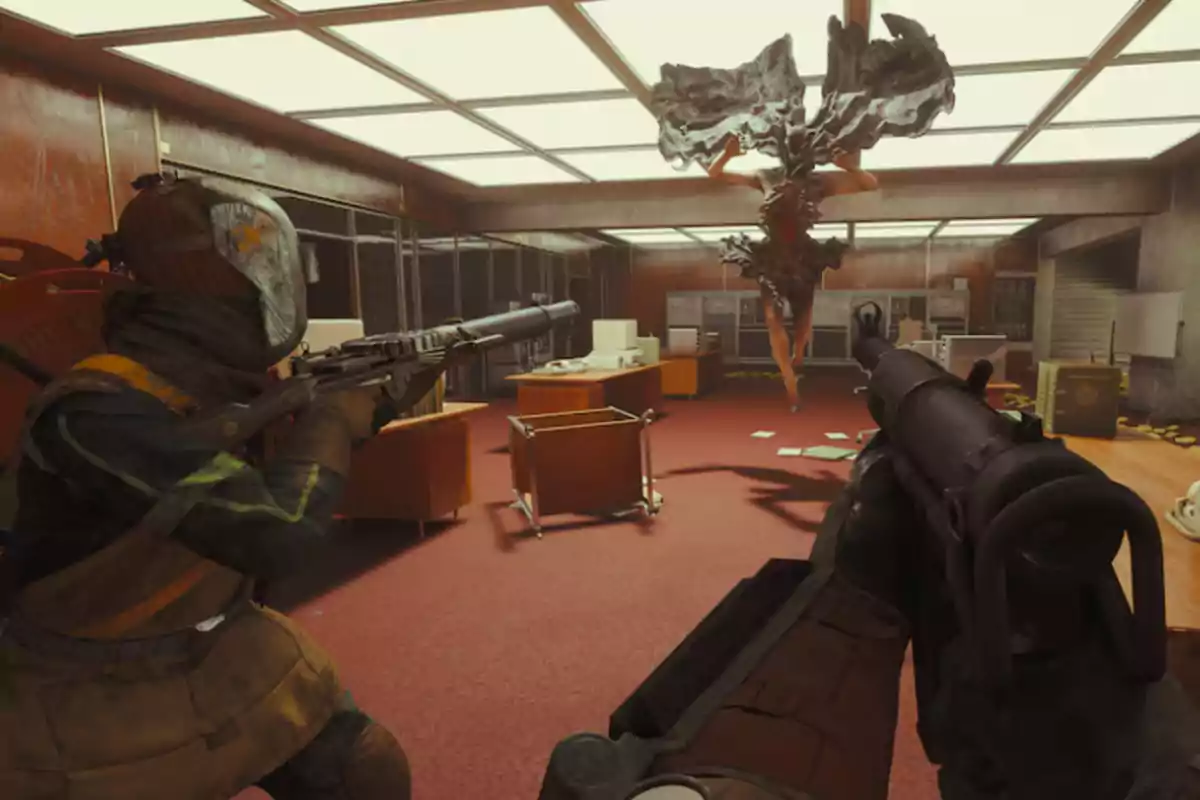 Two armed characters aim at a floating creature in a messy office with overturned furniture and papers on the floor. Two armed characters aim at a floating creature in a messy office with overturned furniture and papers on the floor.