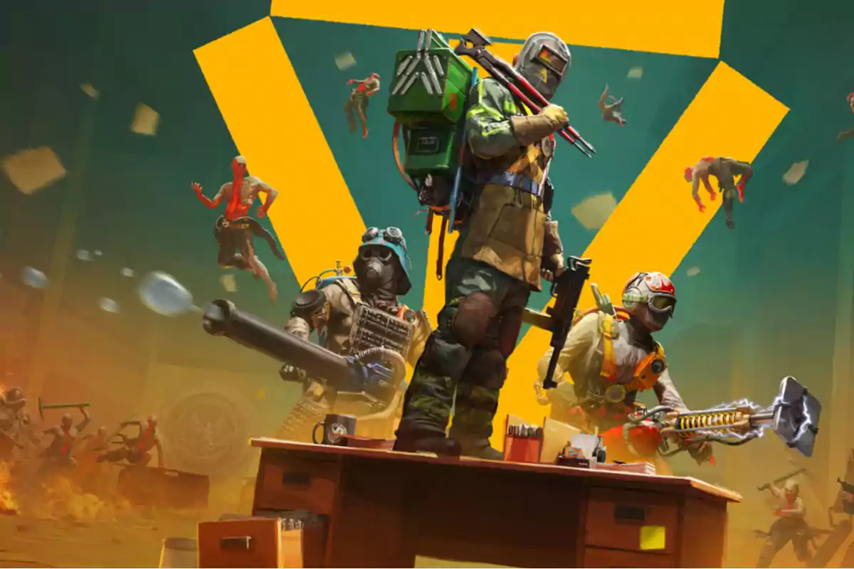 Three characters with combat gear and advanced tools stand on a desk while several hostile figures leap and attack in the background, all under intense yellow light.