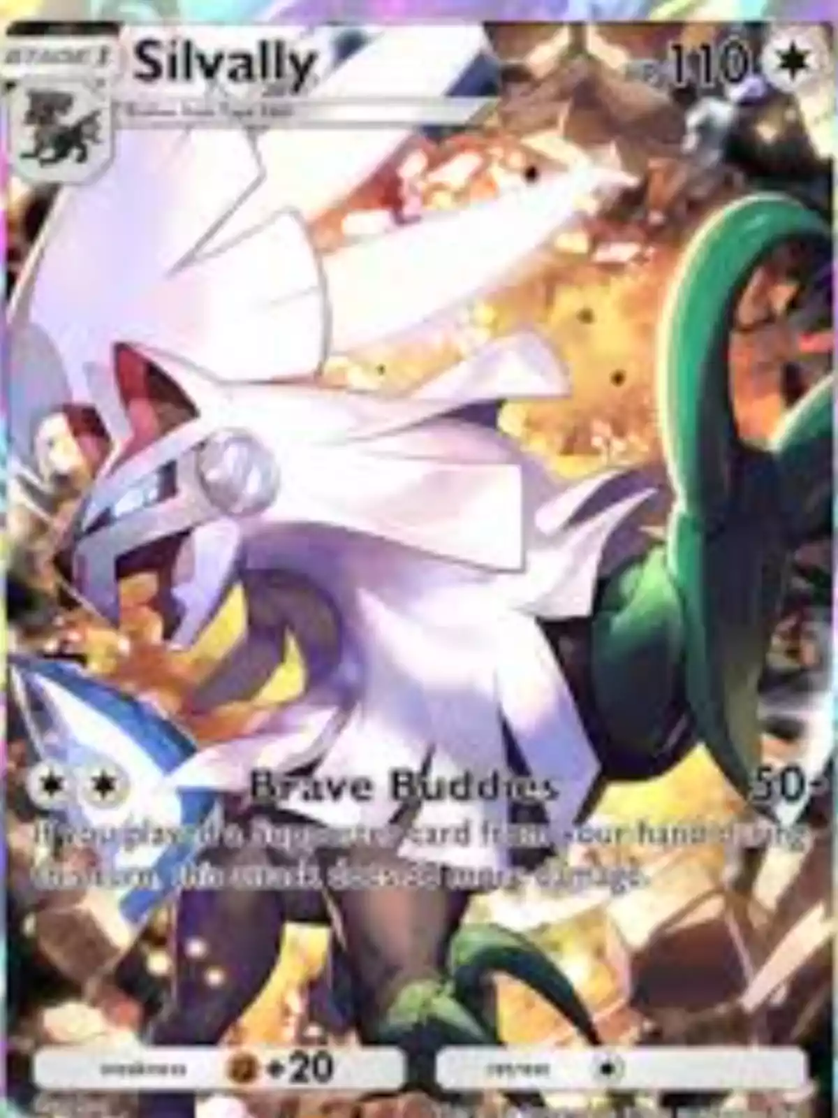 Pokémon card featuring Silvally in a dynamic pose against a bright and colorful background Pokémon card featuring Silvally in a dynamic pose against a bright and colorful background