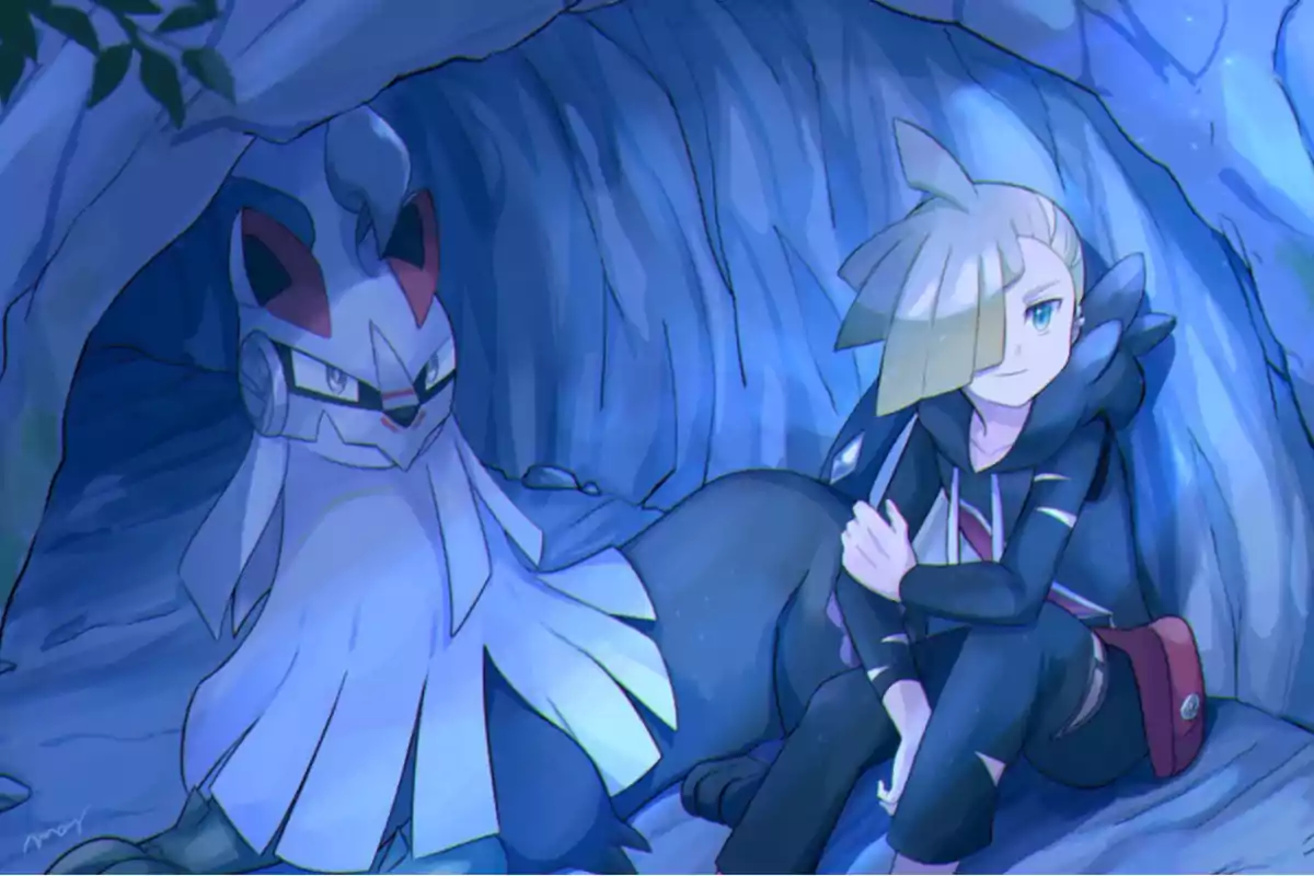 A blonde-haired trainer and a wolf-type Pokémon rest together inside a cave illuminated by blue light. A blonde-haired trainer and a wolf-type Pokémon rest together inside a cave illuminated by blue light.