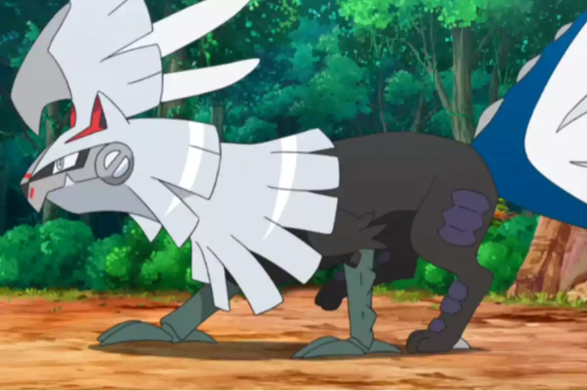 A Pokémon with a dark body and a silver head, featuring metallic details and large wings in a forest setting.