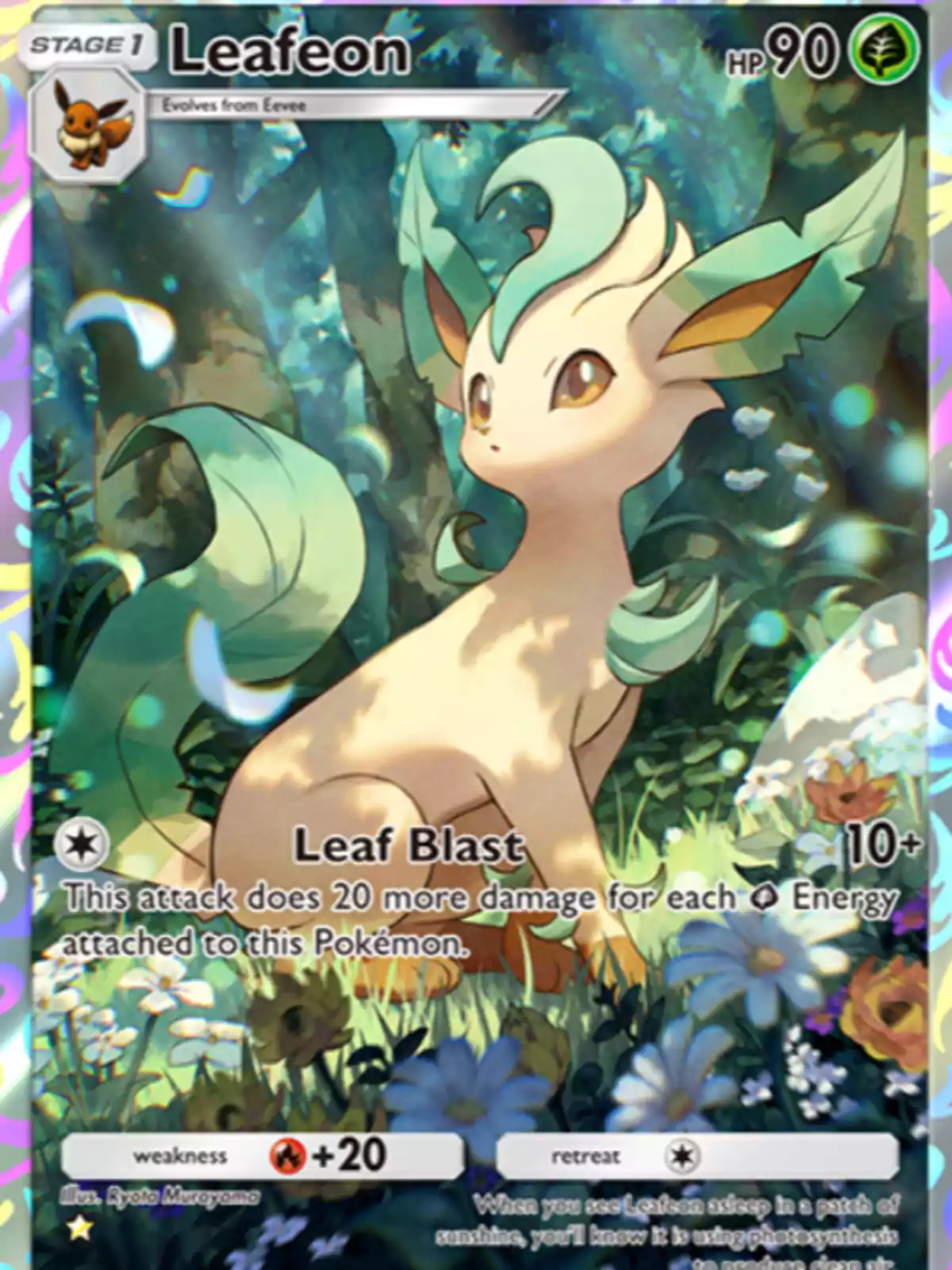 Leafeon Pokémon card with a background of forest and flowers, featuring Leafeon in an elegant pose surrounded by light and nature Leafeon Pokémon card with a background of forest and flowers, featuring Leafeon in an elegant pose surrounded by light and nature