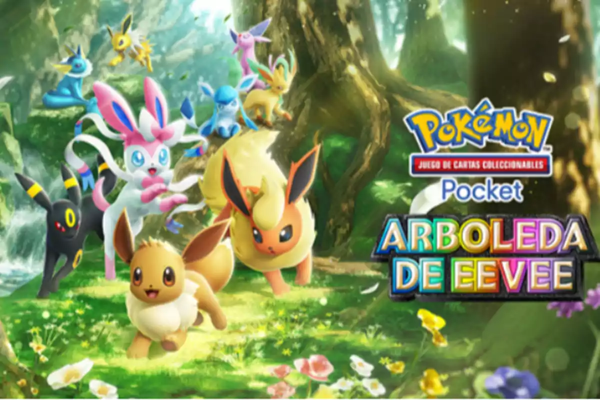 Several Pokémon from the Eevee family run and jump in a sunlit forest with flowers and trees, next to the Pokémon Eevee Grove logo from the trading card game.