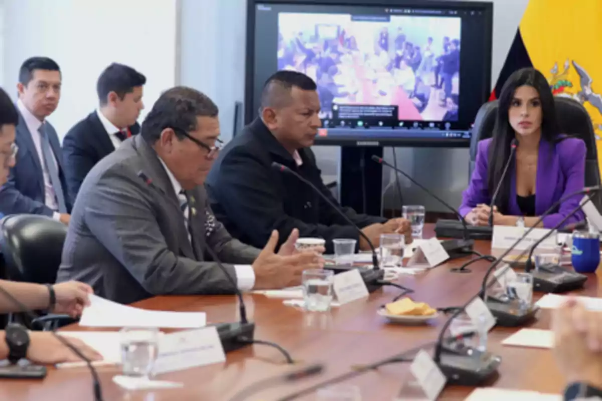 Varias personas con ropa formal participan en una reunión alrededor de una mesa con micrófonos y documentos, al fondo hay una pantalla mostrando una videollamada y una bandera de Ecuador. Varias personas con ropa formal participan en una reunión alrededor de una mesa con micrófonos y documentos, al fondo hay una pantalla mostrando una videollamada y una bandera de Ecuador.