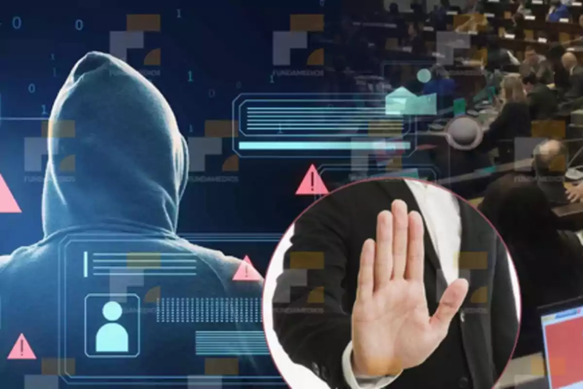Person wearing a hoodie in front of digital graphs and cybersecurity warnings next to a raised hand signaling stop, with a meeting room in the background Person wearing a hoodie in front of digital graphs and cybersecurity warnings next to a raised hand signaling stop, with a meeting room in the background