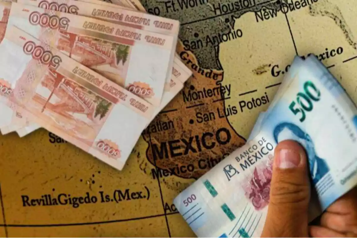 Bills of different denominations on a map of Mexico.