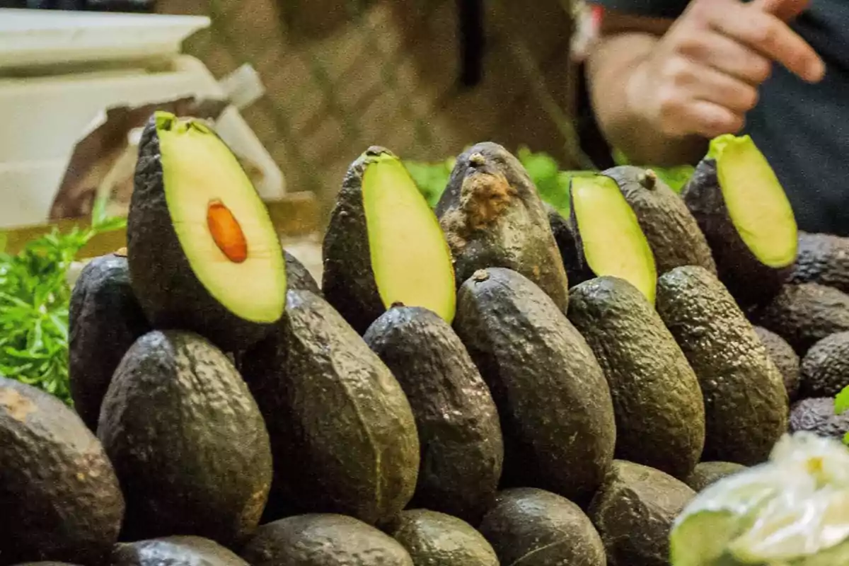 Una pila de aguacates frescos, algunos cortados por la mitad, exhibidos en un mercado.