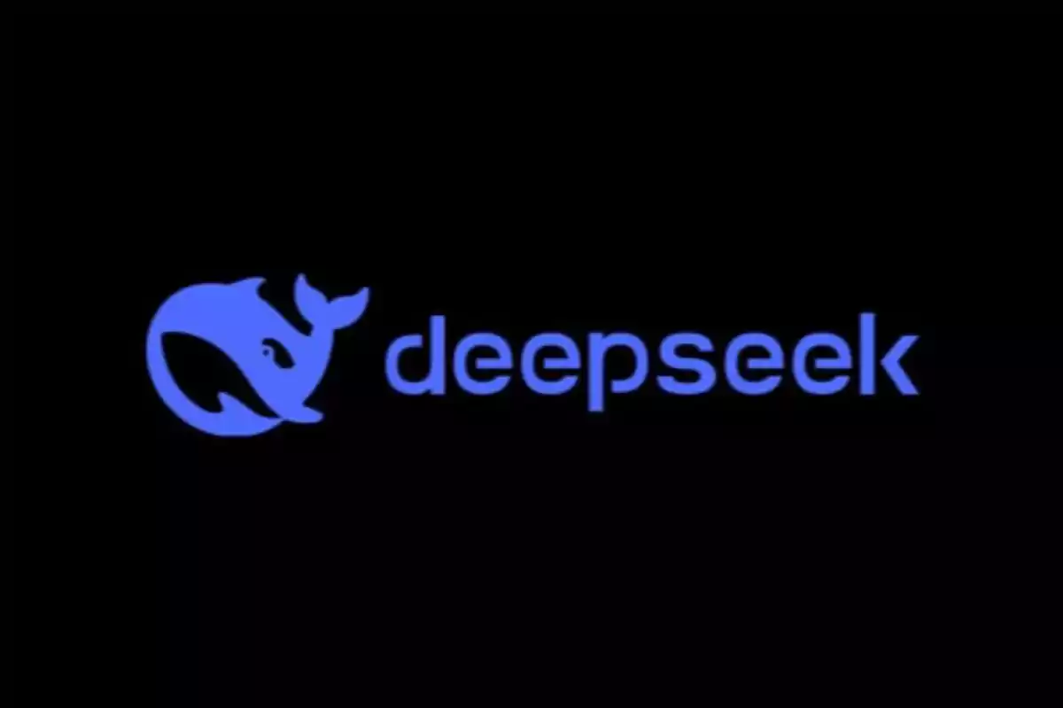 Logotipo de Deepseek con un diseño de ballena azul sobre fondo negro.