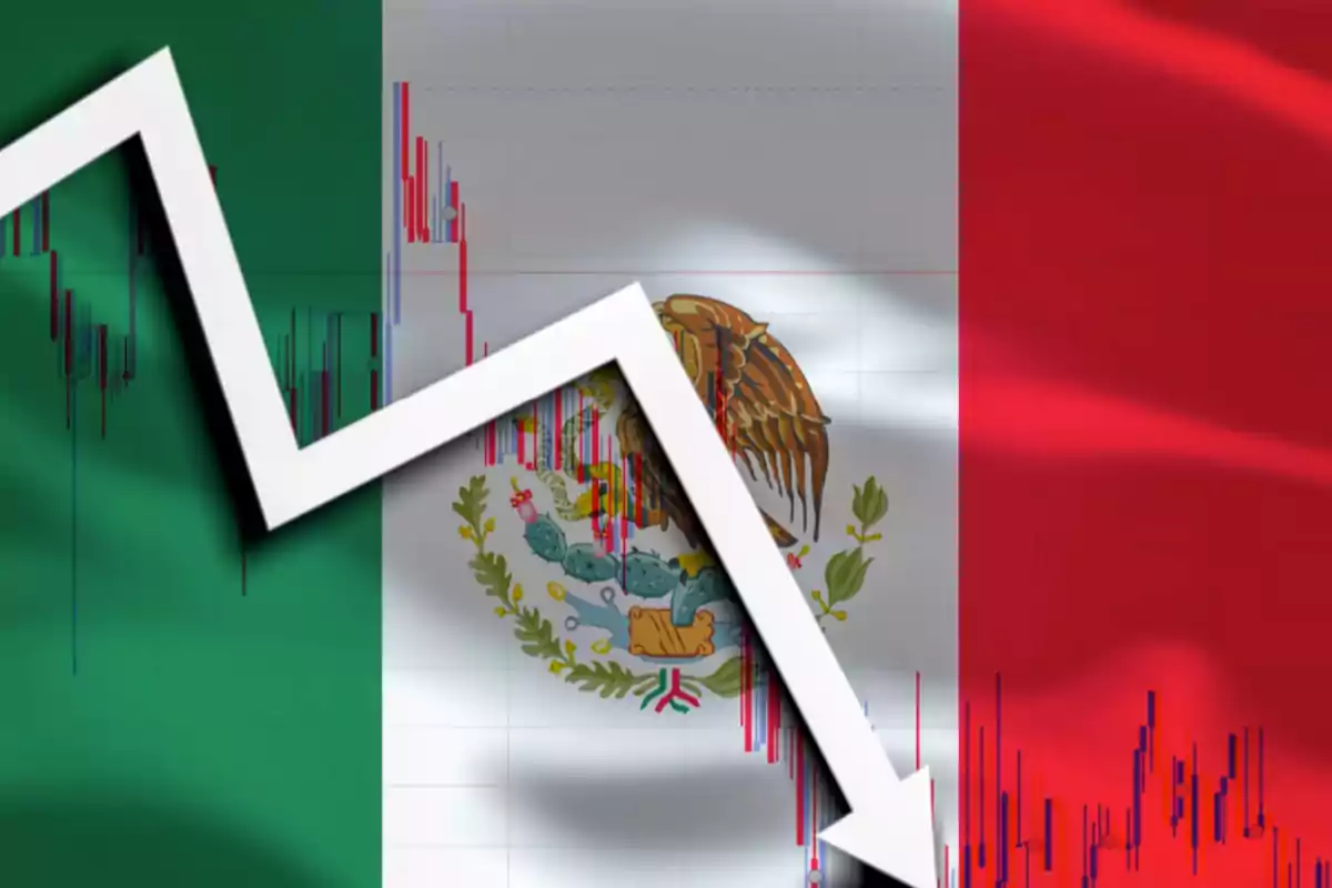 Gráfica de descenso económico sobre la bandera de México.