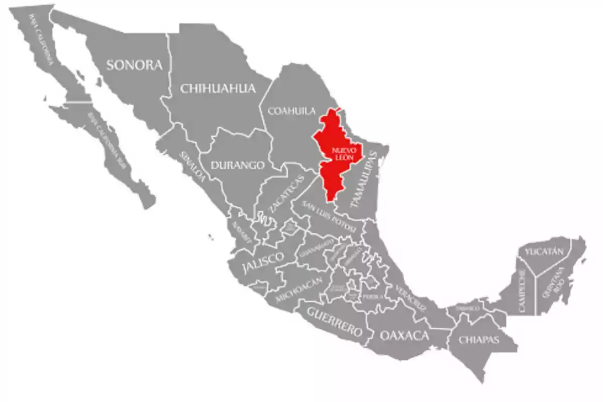 Mapa de México con el estado de Nuevo León resaltado en rojo.