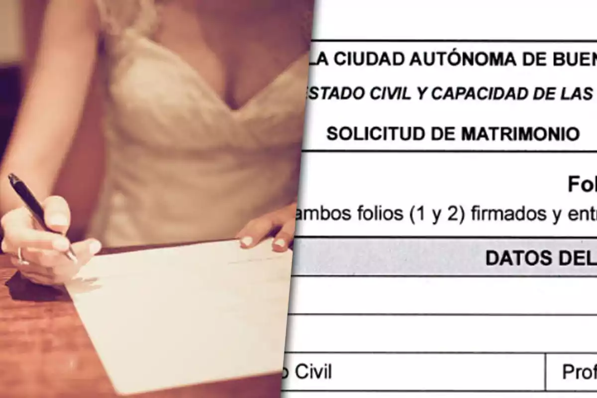 A person signing a document next to a marriage application.