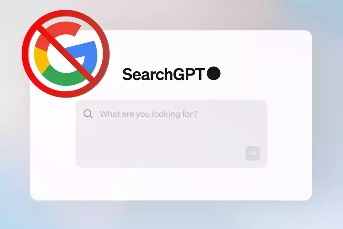 Interfaz de búsqueda de SearchGPT con un símbolo de prohibición sobre el logotipo de Google.