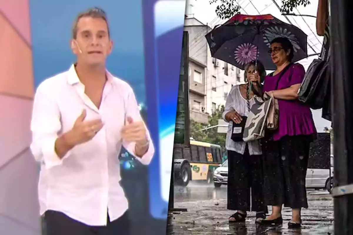 Matías Bertolotti habla en un estudio de televisión mientras dos mujeres se protegen de la lluvia bajo un paraguas en una calle urbana.