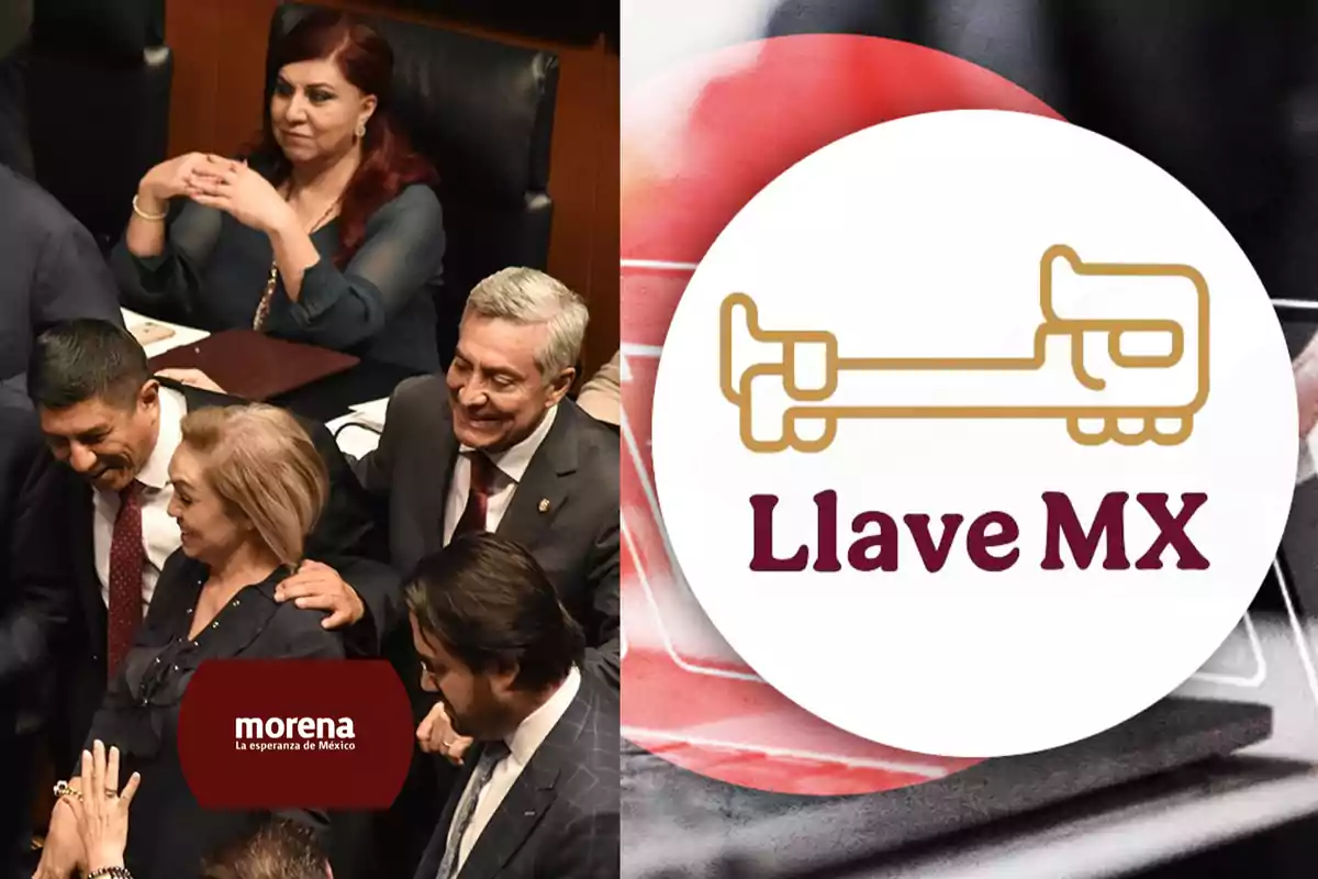 A group of people smiles and hugs in a formal setting, while on the right a logo with a key and the text "Llave MX" is displayed.