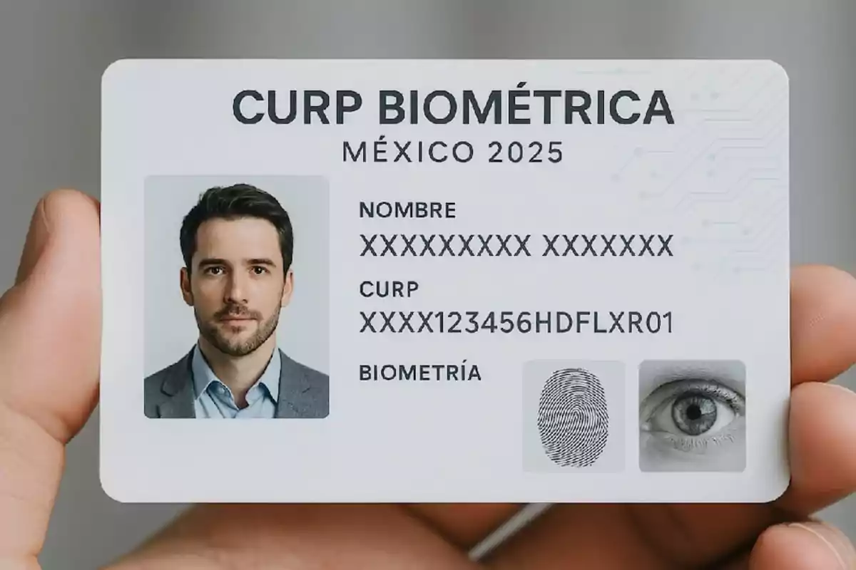 A biometric identification card from Mexico 2025 with a photo of a man and biometric details such as fingerprint and eye. A biometric identification card from Mexico 2025 with a photo of a man and biometric details such as fingerprint and eye.