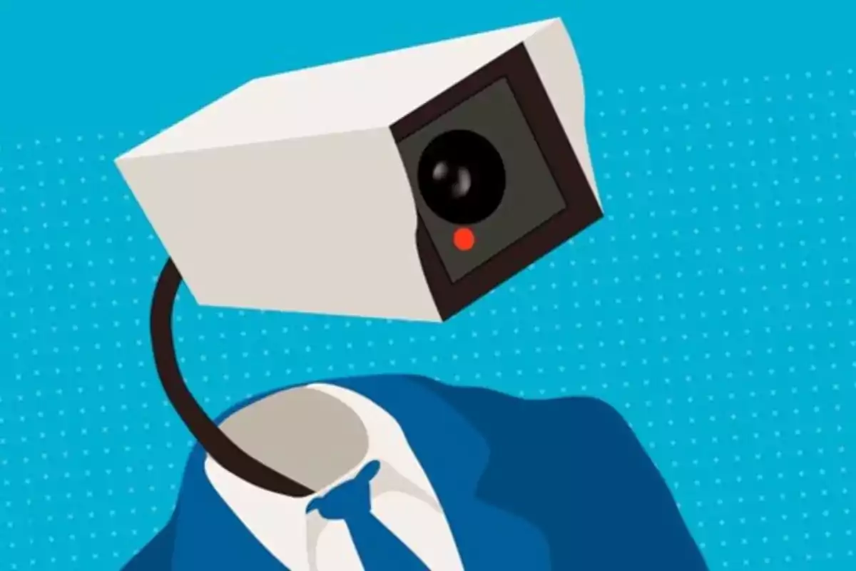 Illustration of a security camera with a blue suit body on a blue background with dots. Illustration of a security camera with a blue suit body on a blue background with dots.