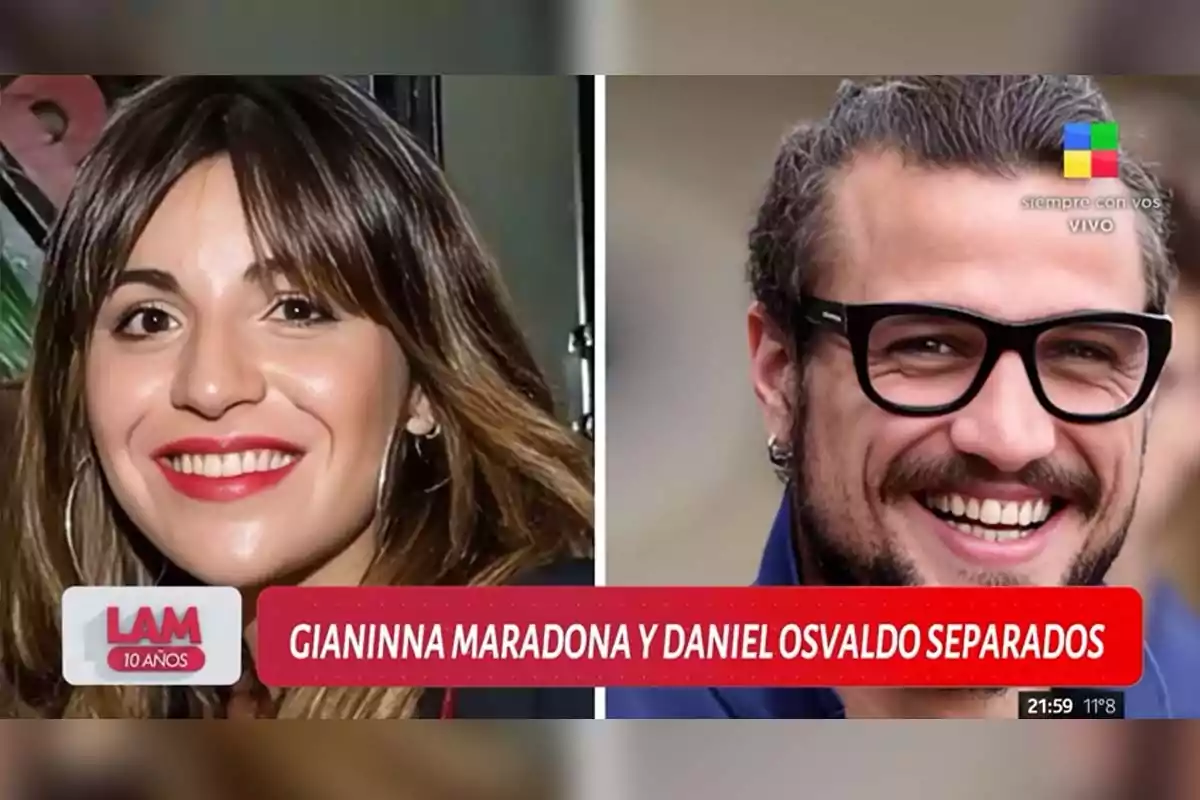 Two smiling people on a television show with a red banner announcing the breakup of Gianinna Maradona and Daniel Osvaldo Two smiling people on a television show with a red banner announcing the breakup of Gianinna Maradona and Daniel Osvaldo