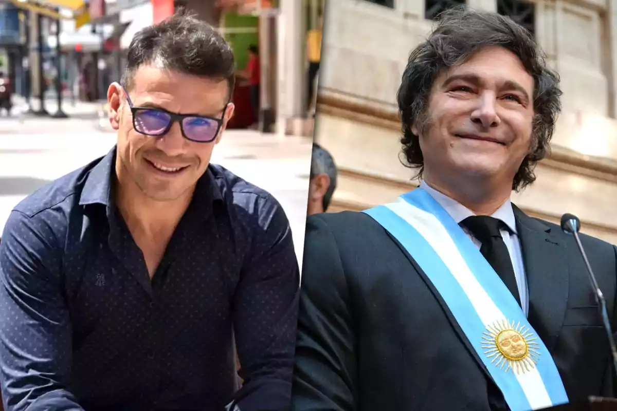 Dos hombres posando, uno con camisa oscura y gafas en un entorno urbano, el otro con traje y banda presidencial en un evento oficial