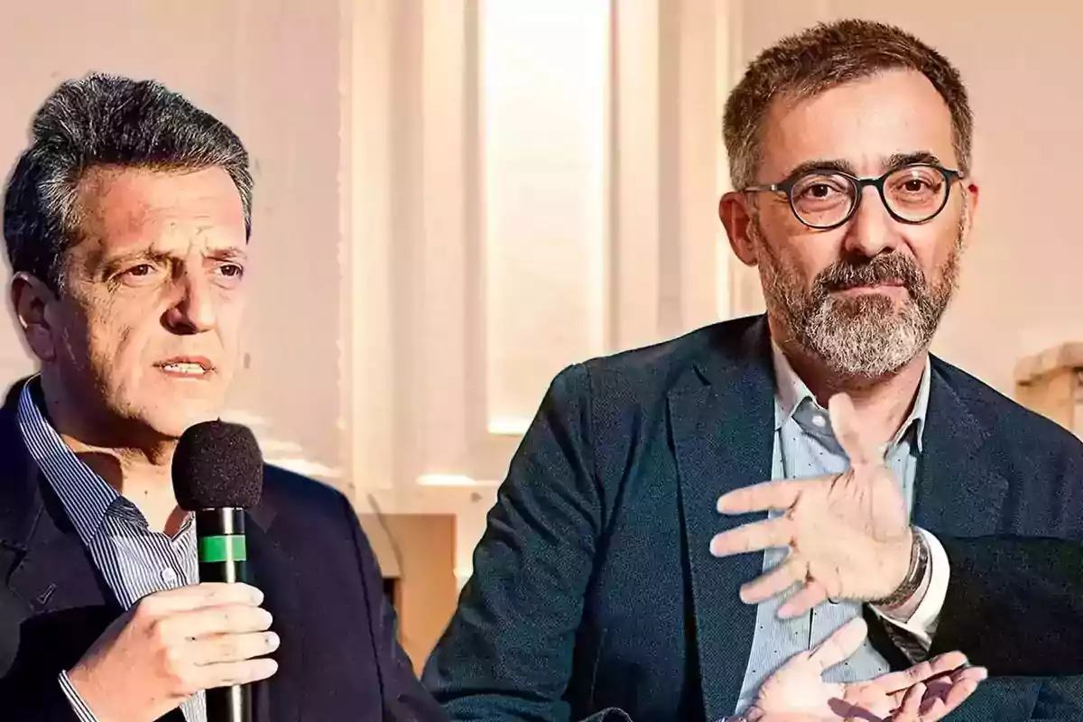 Dos hombres en un entorno interior, uno sosteniendo un micrófono y el otro con gafas y barba, ambos con expresión seria. Dos hombres en un entorno interior, uno sosteniendo un micrófono y el otro con gafas y barba, ambos con expresión seria.