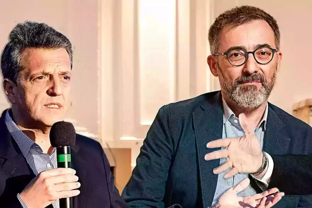 Two men in an indoor setting, one holding a microphone and the other with glasses and a beard, both with serious expressions. Two men in an indoor setting, one holding a microphone and the other with glasses and a beard, both with serious expressions.