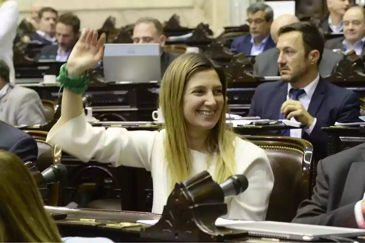 A smiling woman raises her hand in a parliamentary session, surrounded by other people sitting at desks with microphones and documents.
