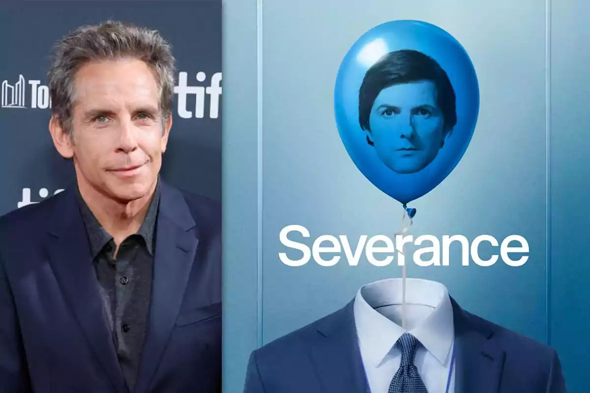 Ben Stiller y un póster de la serie "Severance" que muestra un globo azul con un rostro y un traje sin cabeza.