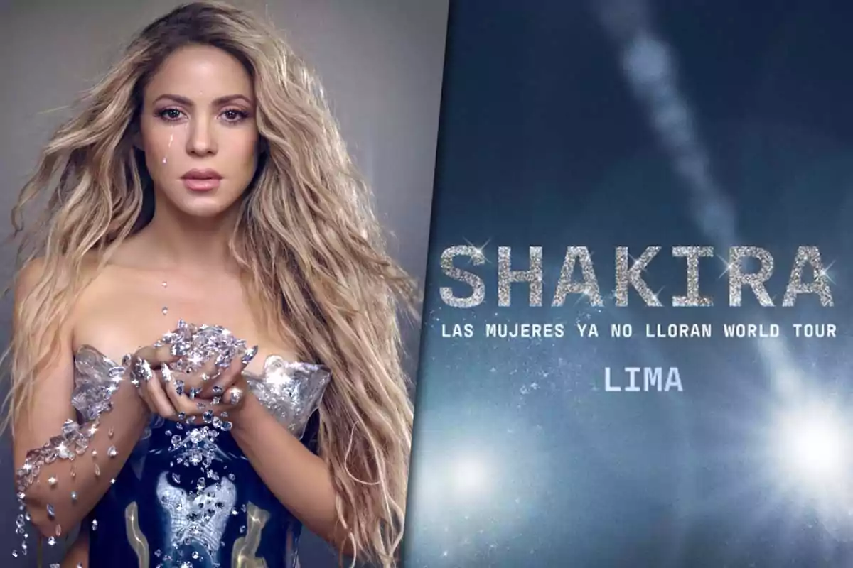 Shakira sostiene cristales en sus manos, junto a un cartel que anuncia un tour mundial en Lima.