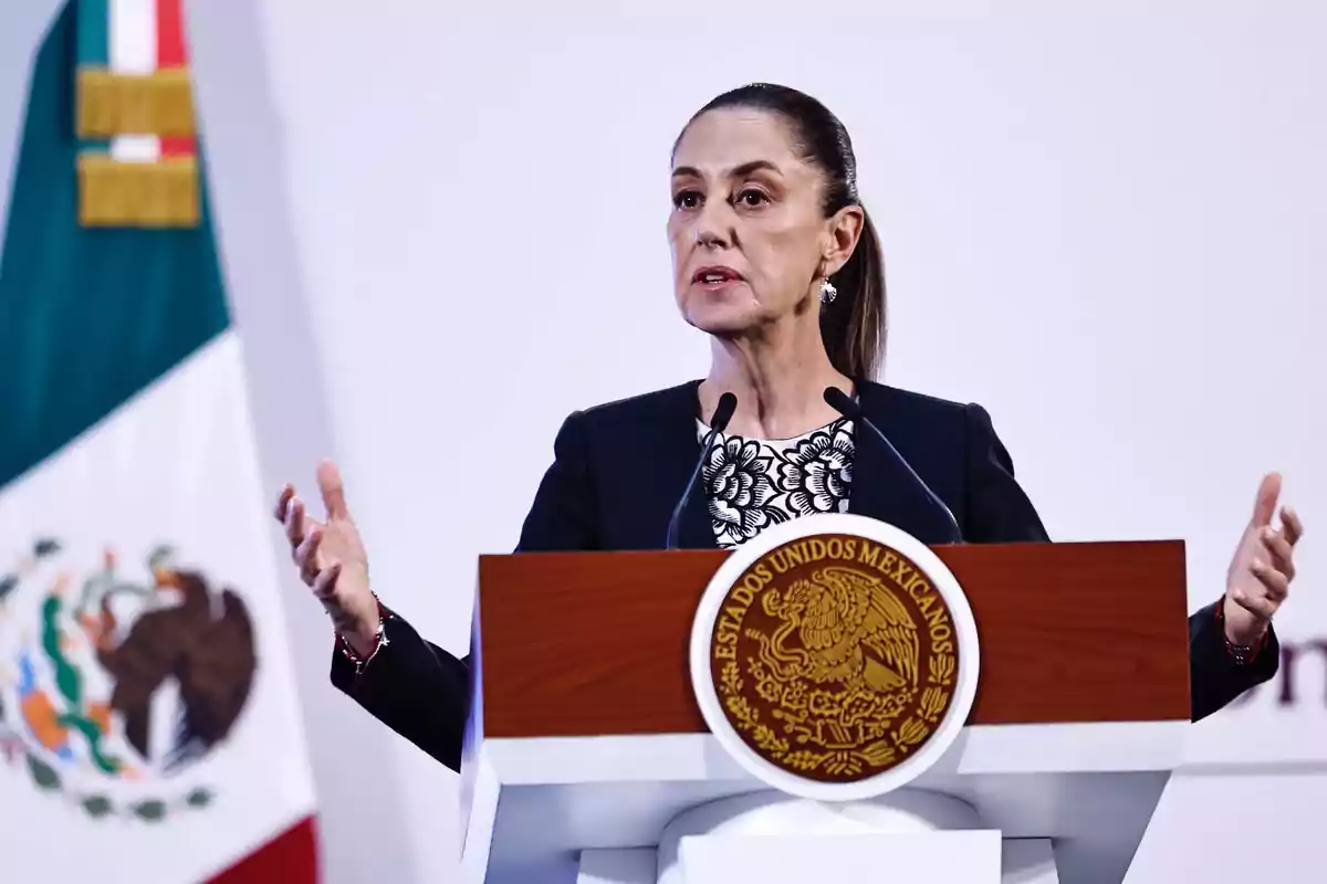 Una persona hablando en un podio con el escudo de México y una bandera mexicana al fondo.