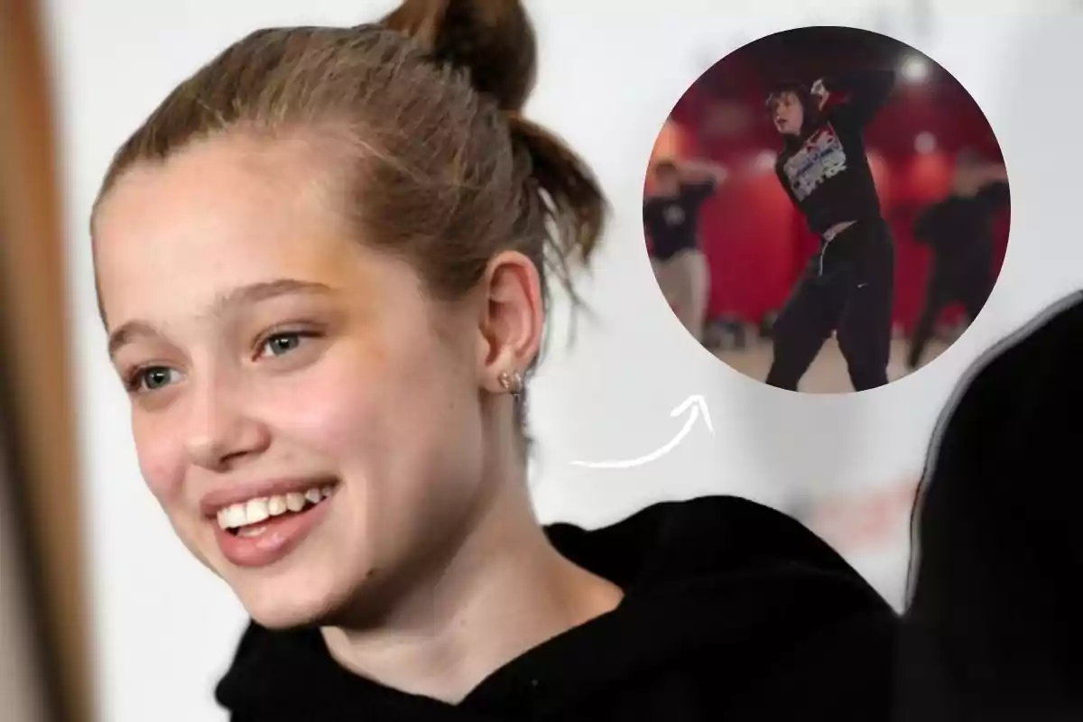 La hija de Angelina Jolie y Brad Pitt, Shiloh Jolie, sonriendo con un moño en el cabello y un recuadro que la muestra bailando "Apt." de Rosé y Bruno Mars.