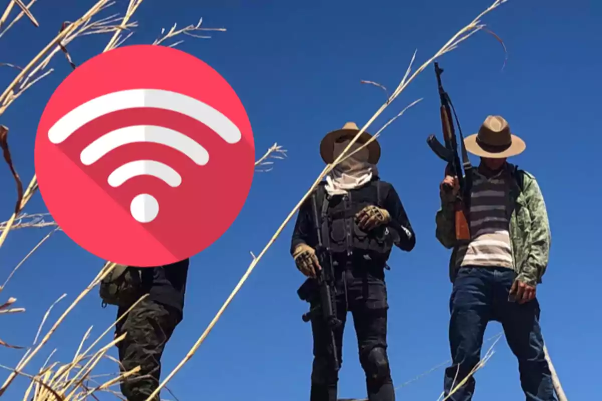 Three people wearing hats and casual clothes pose outdoors under a blue sky, one of them partially covered by a large Wi-Fi signal icon.
