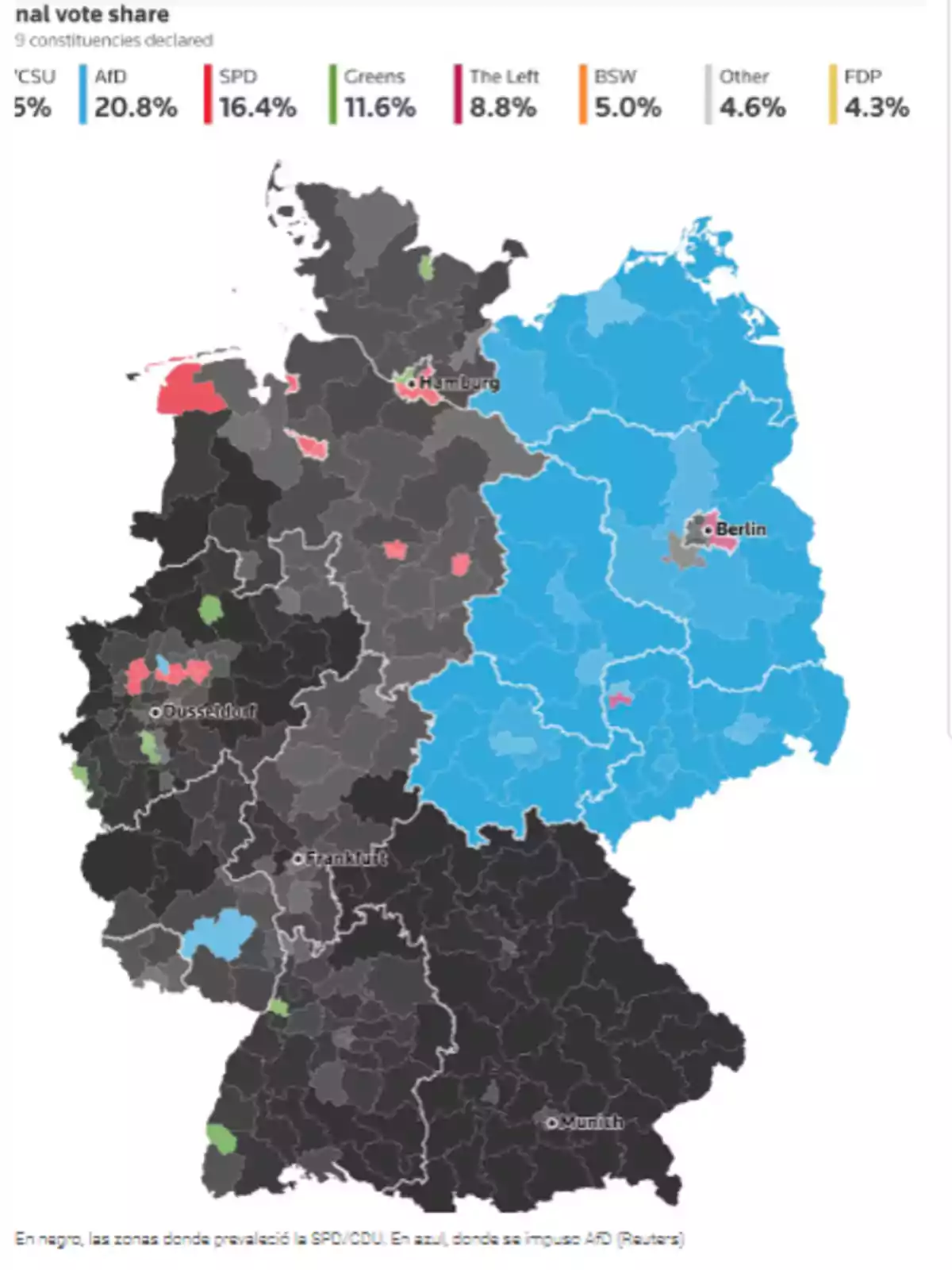 Mapa de Alemania que muestra la distribución del voto por partido en diferentes regiones, con colores que representan a cada partido: negro para SPD/CDU, azul para AfD, y otros colores para partidos como CSU, SPD, Verdes, La Izquierda, BSW, Otros y FDP, destacando ciudades como Berlín, Hamburgo, Düsseldorf, Frankfurt y Múnich.