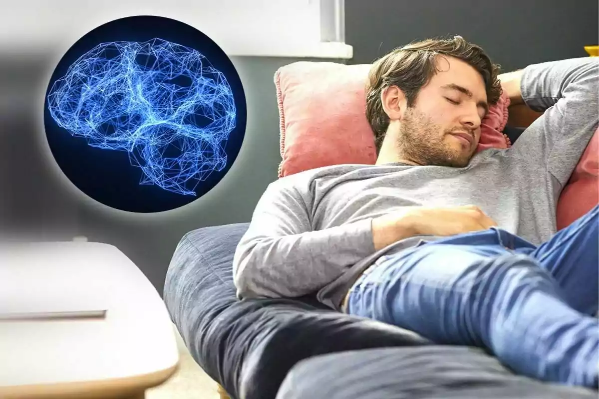 Un hombre descansando en un sofá con una representación digital de un cerebro en el fondo.